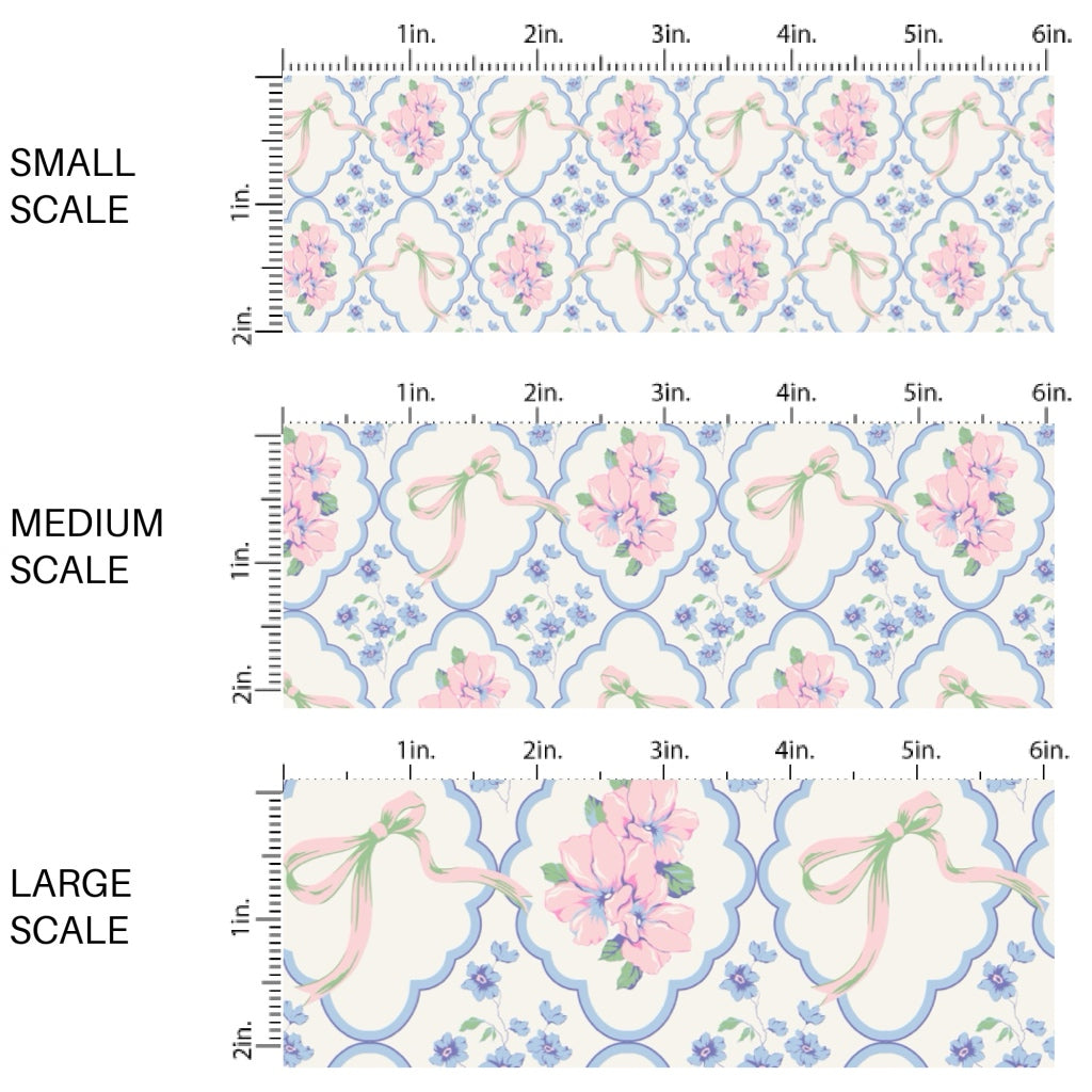 This spring floral themed fabric by the yard features blue and pink flowers with blue lattice pattern. This fun pattern fabric can be used for all your sewing and crafting needs!