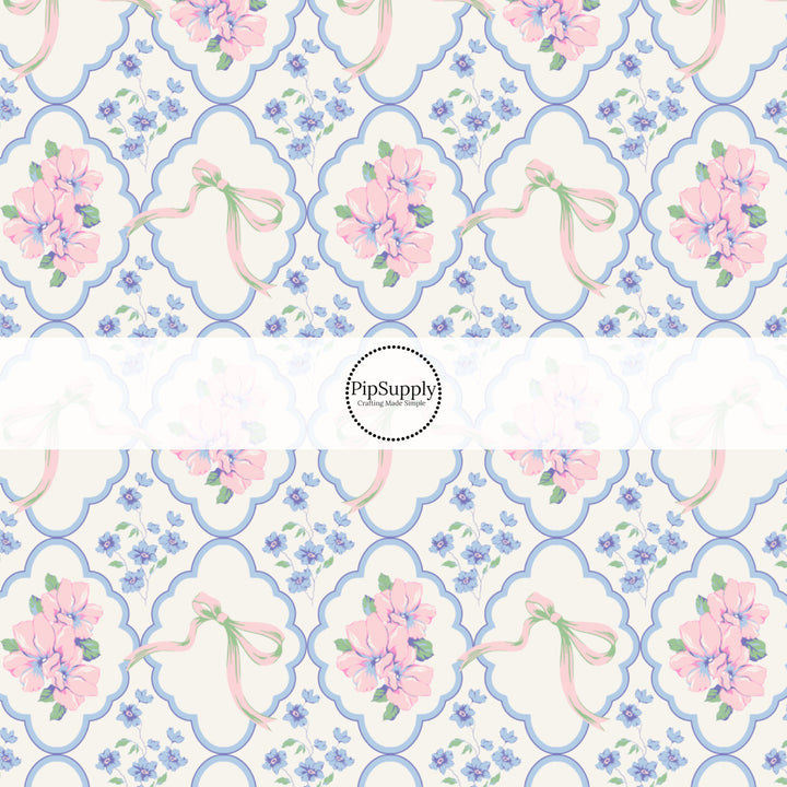 This spring floral themed fabric by the yard features blue and pink flowers with blue lattice pattern. This fun pattern fabric can be used for all your sewing and crafting needs!