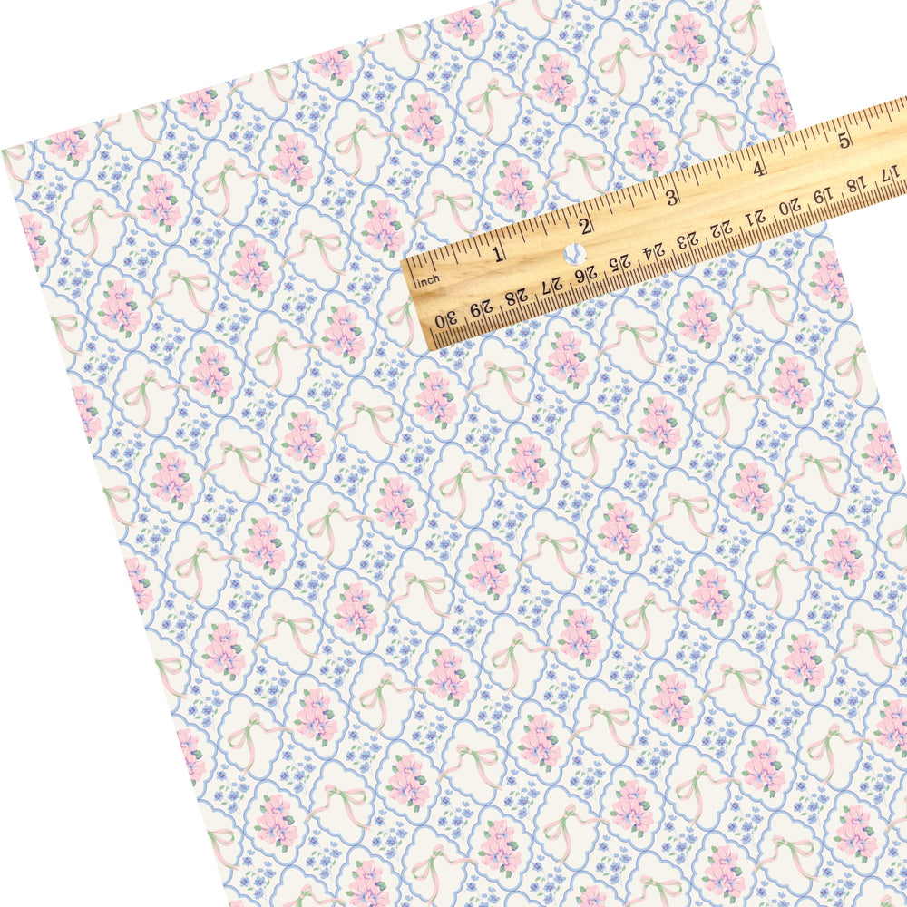 These spring floral themed faux leather sheets contain the following design elements: blue and pink flowers with blue lattice. Our CPSIA compliant faux leather sheets or rolls can be used for all types of crafting projects.