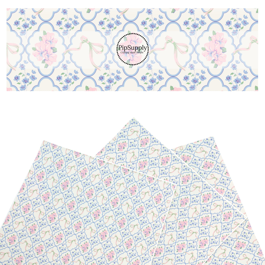 These spring floral themed faux leather sheets contain the following design elements: blue and pink flowers with blue lattice. Our CPSIA compliant faux leather sheets or rolls can be used for all types of crafting projects.