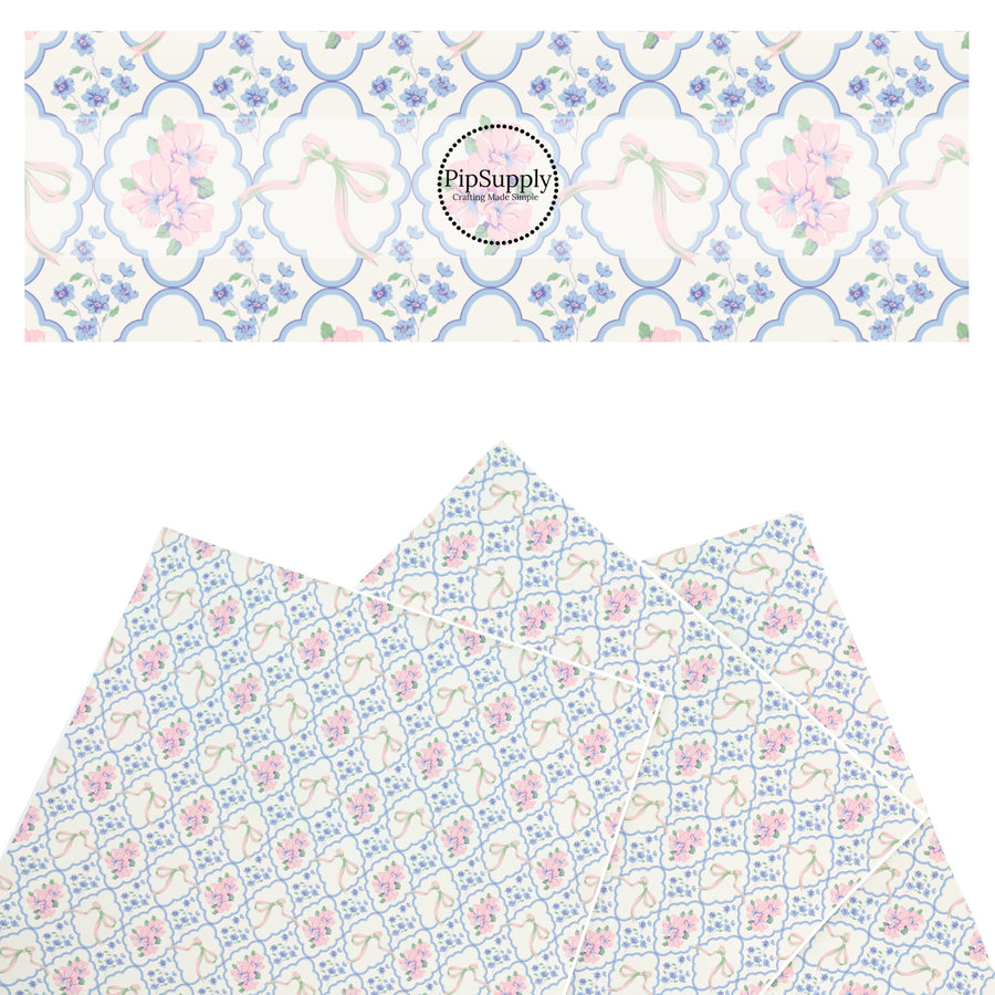 These spring floral themed faux leather sheets contain the following design elements: blue and pink flowers with blue lattice. Our CPSIA compliant faux leather sheets or rolls can be used for all types of crafting projects.