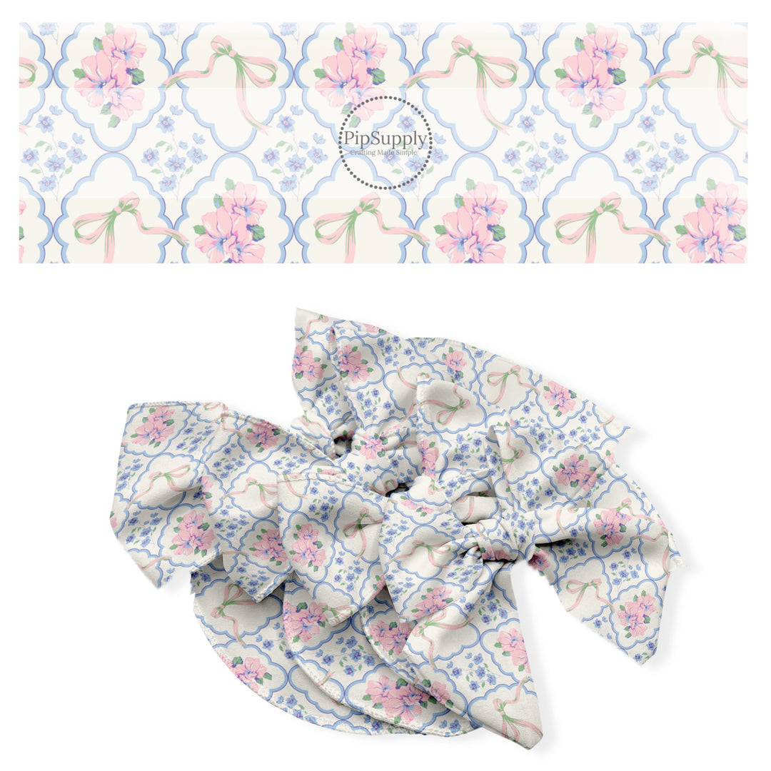 These spring floral no sew bow strips can be easily tied and attached to a clip for a finished hair bow. These fun bow strips are great for personal use or to sell. These bow strips feature the following design elements: blue and pink flowers with blue lattice pattern.