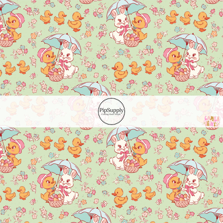 This Easter themed fabric by the yard features Easter bunnies and ducks on mint. This fun pattern fabric can be used for all your sewing and crafting needs!