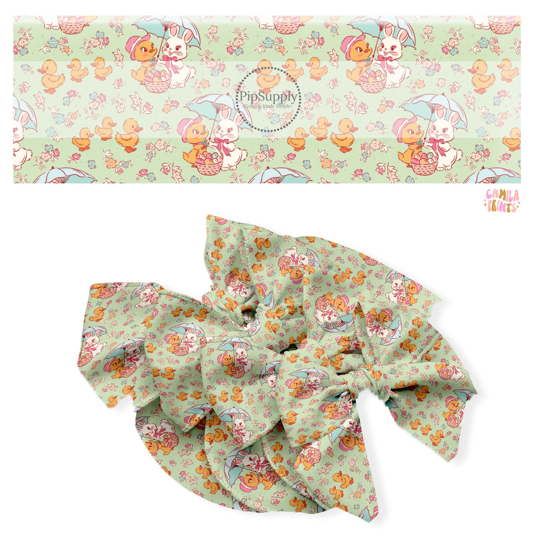 These Easter no sew bow strips can be easily tied and attached to a clip for a finished hair bow. These fun bow strips are great for personal use or to sell. These bow strips feature the following design elements: Easter bunnies and ducks on mint.