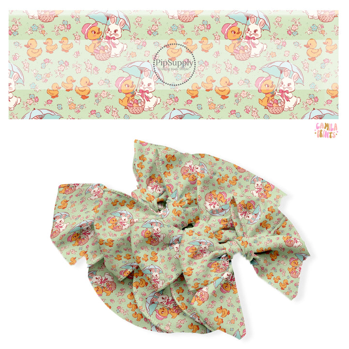 These Easter no sew bow strips can be easily tied and attached to a clip for a finished hair bow. These fun bow strips are great for personal use or to sell. These bow strips feature the following design elements: Easter bunnies and ducks on mint.