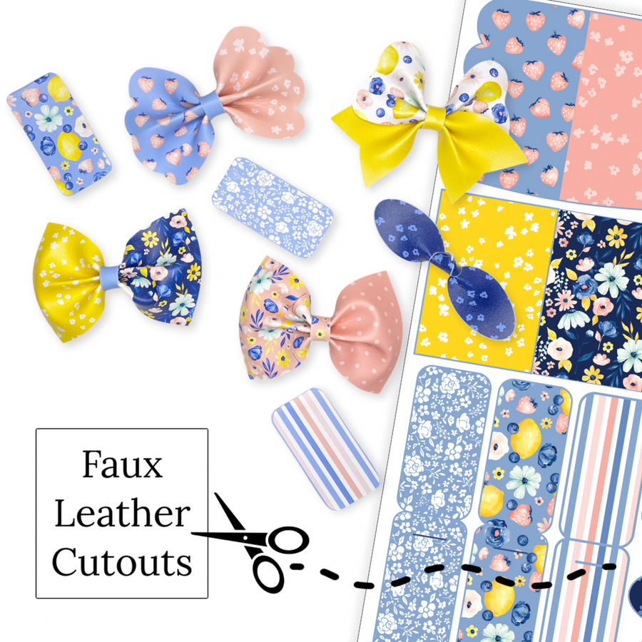 These fun spring fruit and floral themed faux leather bow cutouts are ready to cut and assemble for many craft projects. These patterned cutouts can be used to make a hair bow, headband, banner, photo props, scrapbook, party or classroom decorations, bulletin board trim or anything creative!