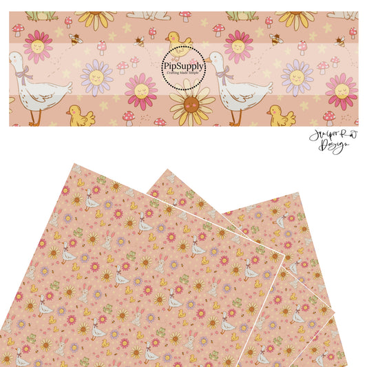 These spring flowers and animals faux leather sheets contain the following design elements: smiley flowers, ducks, geese, bumblebees, bunnies, and frogs. Our CPSIA compliant faux leather sheets or rolls can be used for all types of crafting projects. 