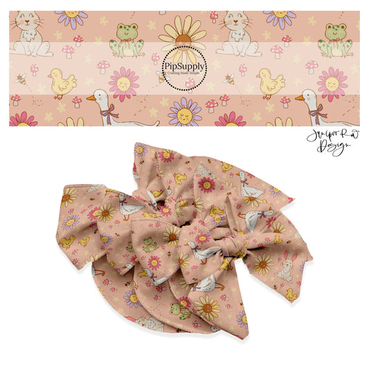 These spring flowers and animals themed no sew bow strips can be easily tied and attached to a clip for a finished hair bow. These patterned bow strips are great for personal use or to sell. These bow strips features smiley flowers, ducks, geese, bumblebees, bunnies, and frogs.
