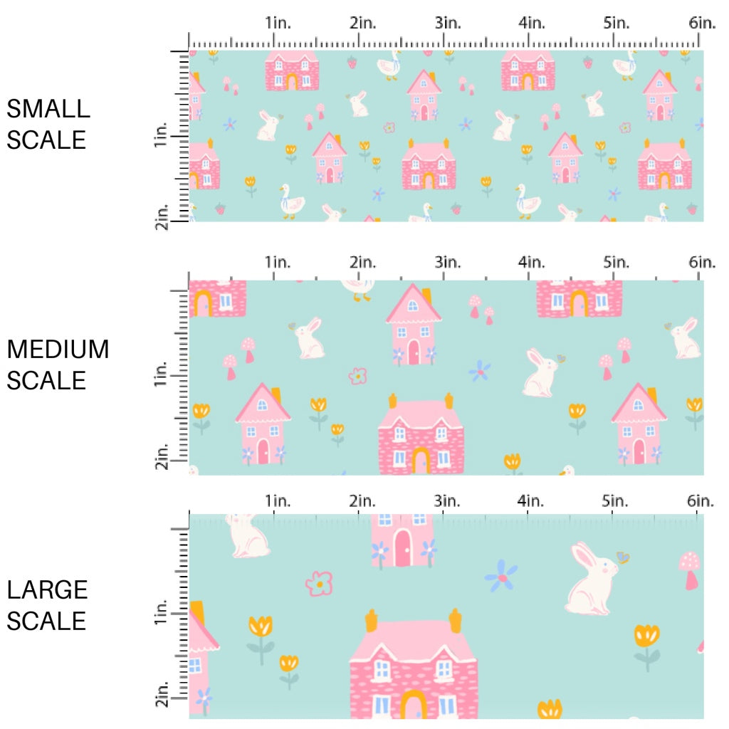 This Easter themed fabric by the yard features pink homes, ducks, and bunnies. This fun pattern fabric can be used for all your sewing and crafting needs!