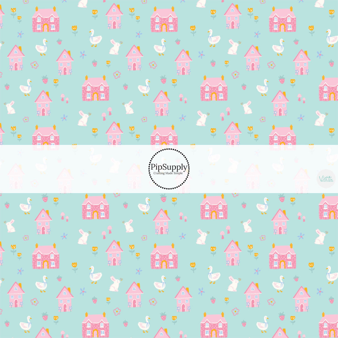 This Easter themed fabric by the yard features pink homes, ducks, and bunnies. This fun pattern fabric can be used for all your sewing and crafting needs!