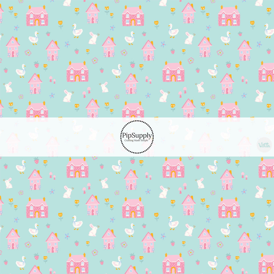 This Easter themed fabric by the yard features pink homes, ducks, and bunnies. This fun pattern fabric can be used for all your sewing and crafting needs!