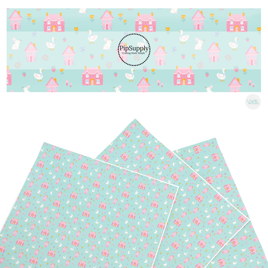 These Easter themed faux leather sheets contain the following design elements: pink homes, ducks, and bunnies. Our CPSIA compliant faux leather sheets or rolls can be used for all types of crafting projects.