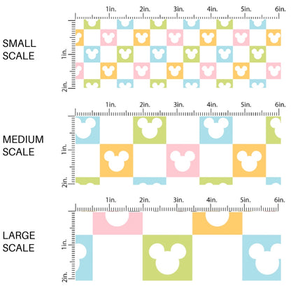 This scale chart of small scale, medium scale, and large scale of this magical inspired fabric by the yard features the following design: multi colored checker pattern with mouse ears on cream. This fun themed fabric can be used for all your sewing and crafting needs!