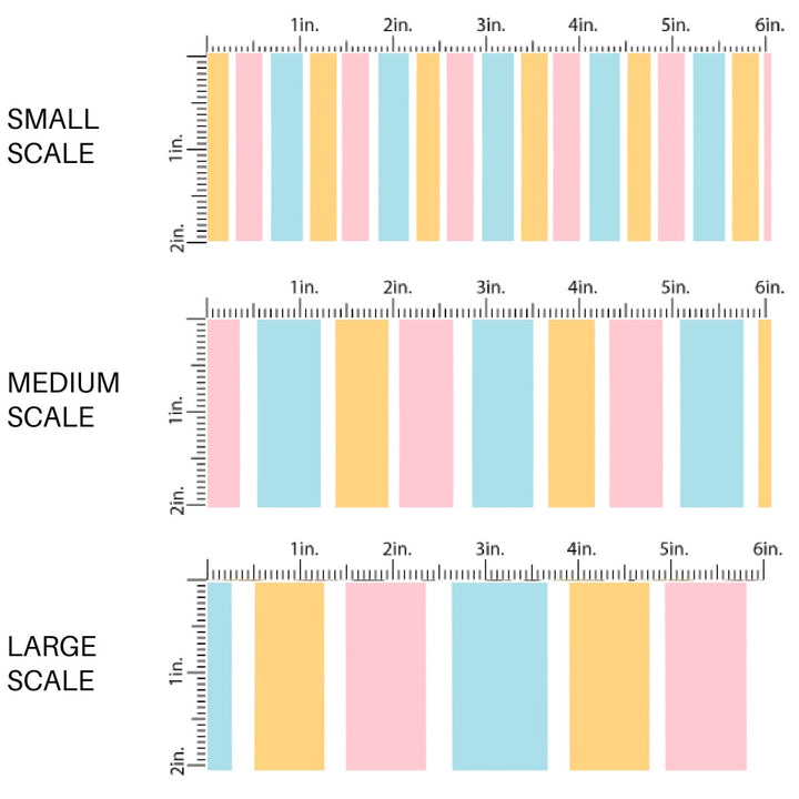 This scale chart of small scale, medium scale, and large scale of this magical inspired fabric by the yard features the following design: pastel multi colored stripes. This fun themed fabric can be used for all your sewing and crafting needs!