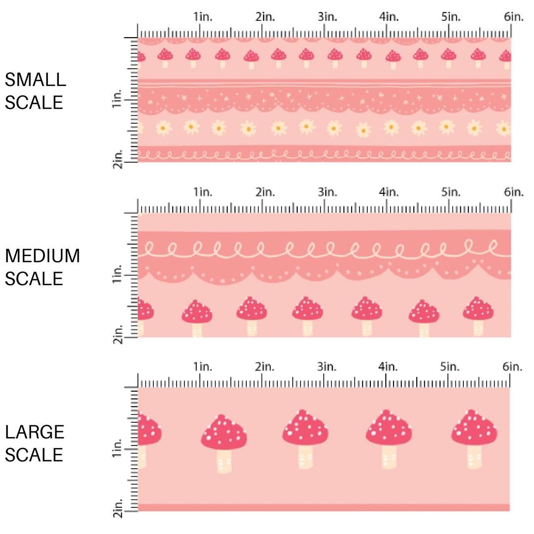 White Daisies and Pink Mushrooms on Pink Striped Fabric by the Yard scaled image guide.