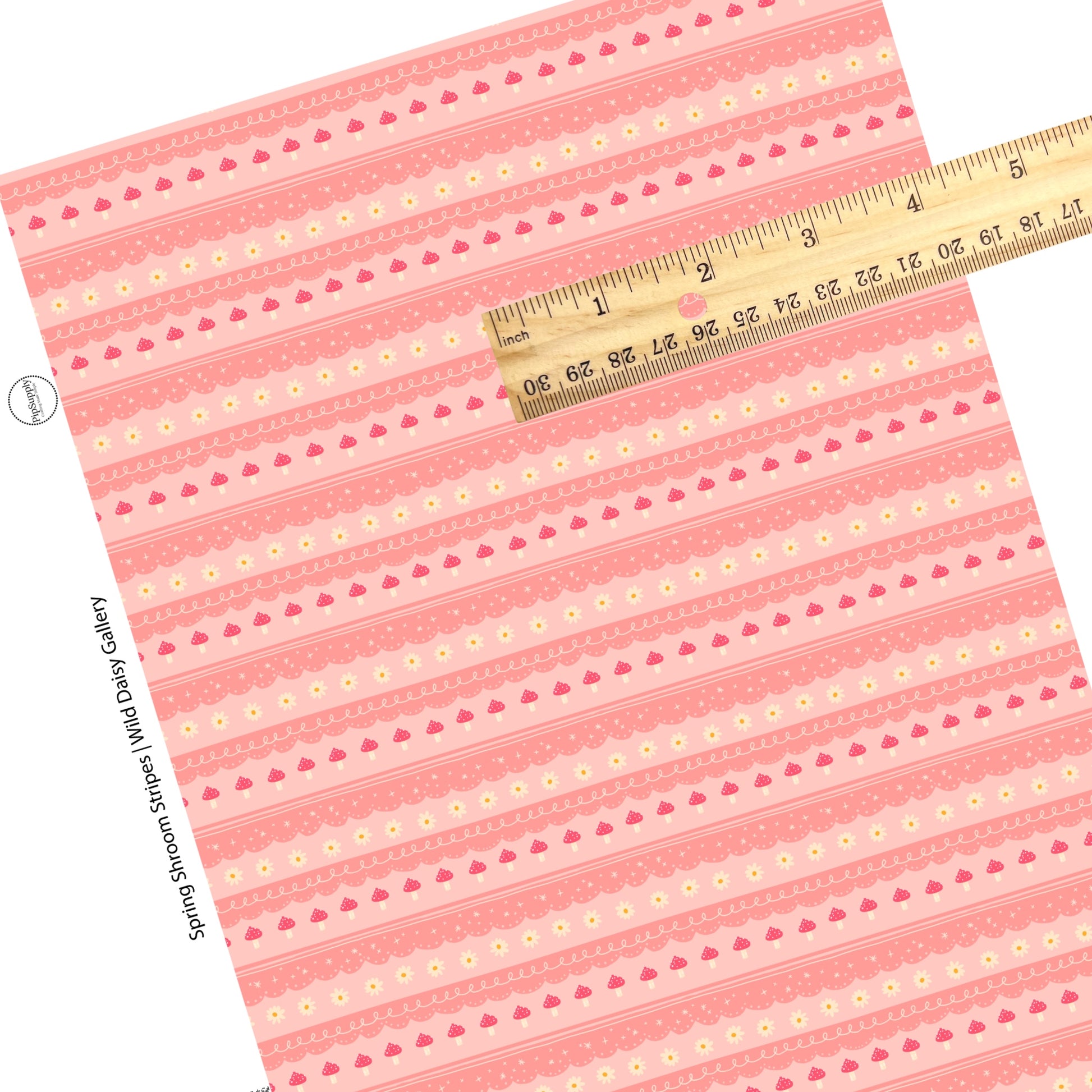 These spring stripes pattern themed faux leather sheets contain the following design elements: colorful flowers and mushrooms between stripes on pink. Our CPSIA compliant faux leather sheets or rolls can be used for all types of crafting projects.
