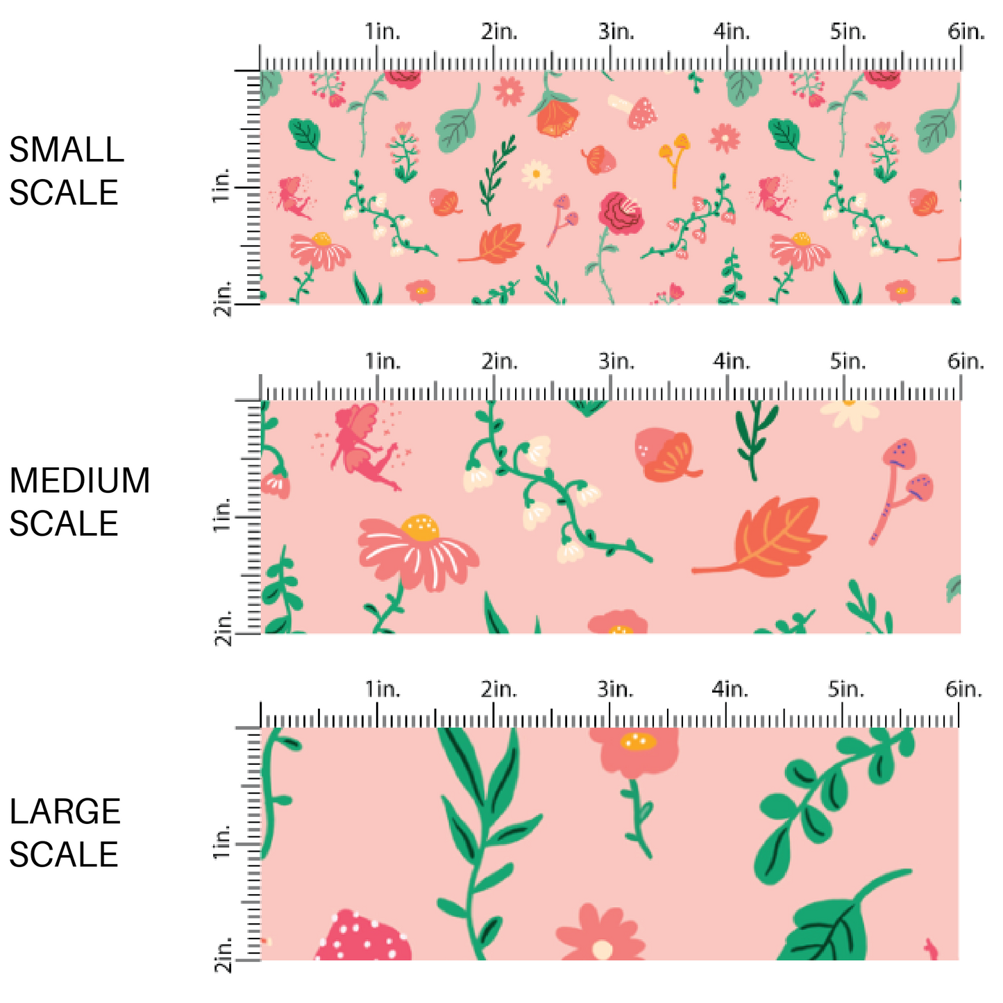 Multi-Colored Florals and Pink Mushrooms on Pink Fabric by the Yard scaled image guide.