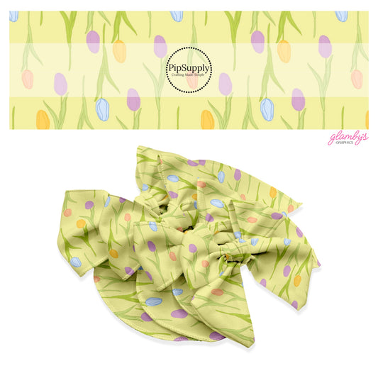These spring tulip pattern themed no sew bow strips can be easily tied and attached to a clip for a finished hair bow. These patterned bow strips are great for personal use or to sell. These bow strips features colorful tulips on yellow.