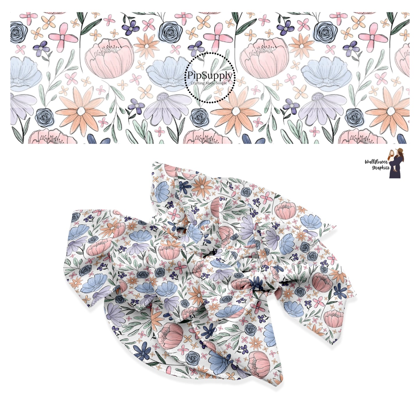 These spring floral pattern themed no sew bow strips can be easily tied and attached to a clip for a finished hair bow. These patterned bow strips are great for personal use or to sell. These bow strips features pastel floral garden on ivory.