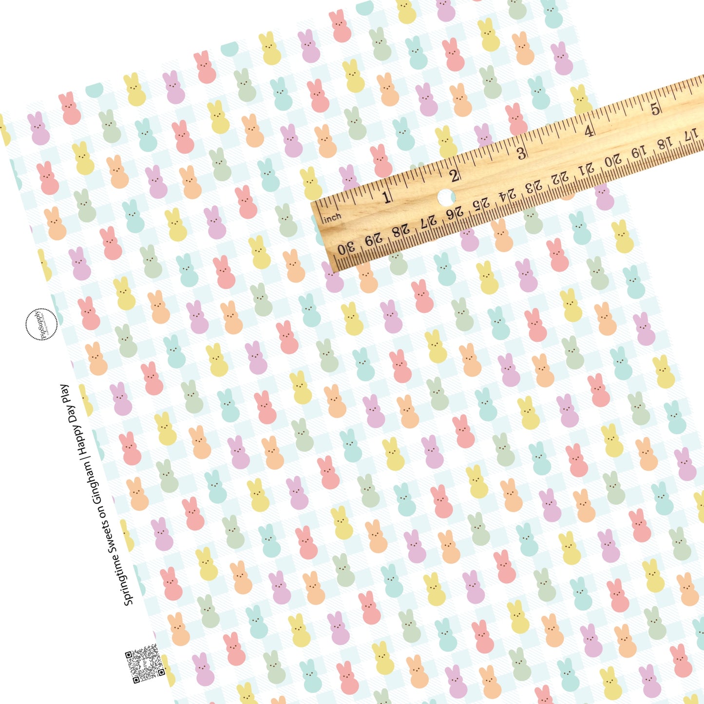 These spring pastel pattern themed faux leather sheets contain the following design elements: pastel colored bunnies on light blue and white gingham pattern. Our CPSIA compliant faux leather sheets or rolls can be used for all types of crafting projects.