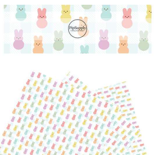 These spring pastel pattern themed faux leather sheets contain the following design elements: pastel colored bunnies on light blue and white gingham pattern. Our CPSIA compliant faux leather sheets or rolls can be used for all types of crafting projects.