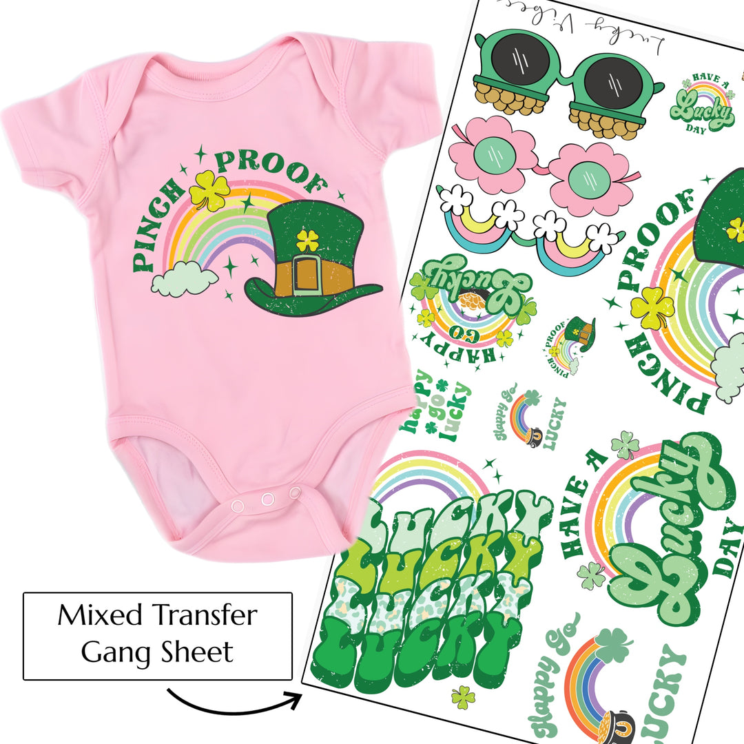 This St. Patrick's Day themed iron on transfer is a great way to add full color designs to your garments without the hassle of weeding vinyl. There is a total of 12 St. Patrick's Day themed transfers! They are ready to press transfers and easy to use!