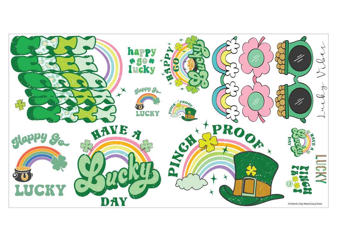 This St. Patrick's Day themed iron on transfer is a great way to add full color designs to your garments without the hassle of weeding vinyl. There is a total of 12 St. Patrick's Day themed transfers! They are ready to press transfers and easy to use!