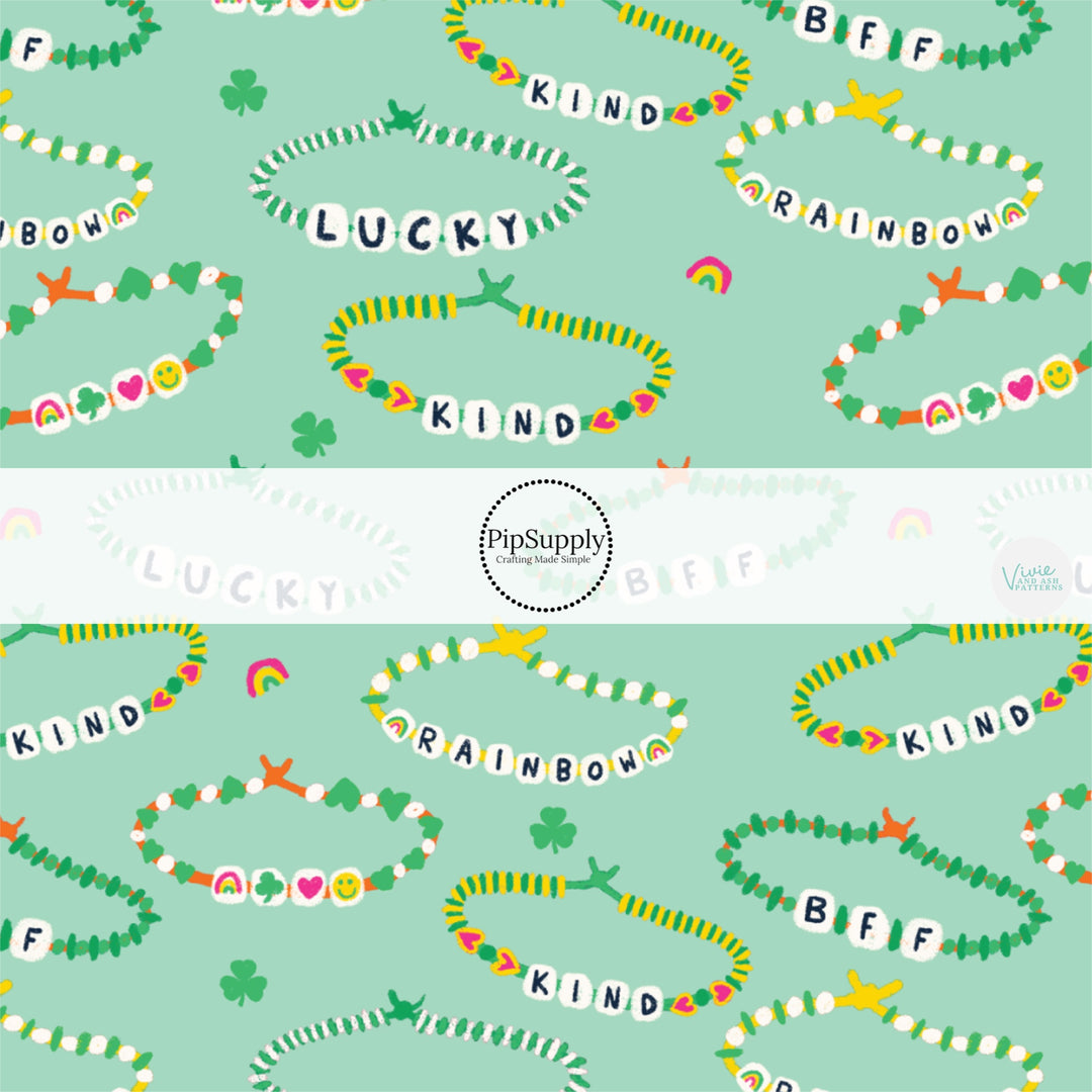 These St. Patrick's Day pattern themed faux leather sheets contain the following design elements: friendship bracelets. Our CPSIA compliant faux leather sheets or rolls can be used for all types of crafting projects.