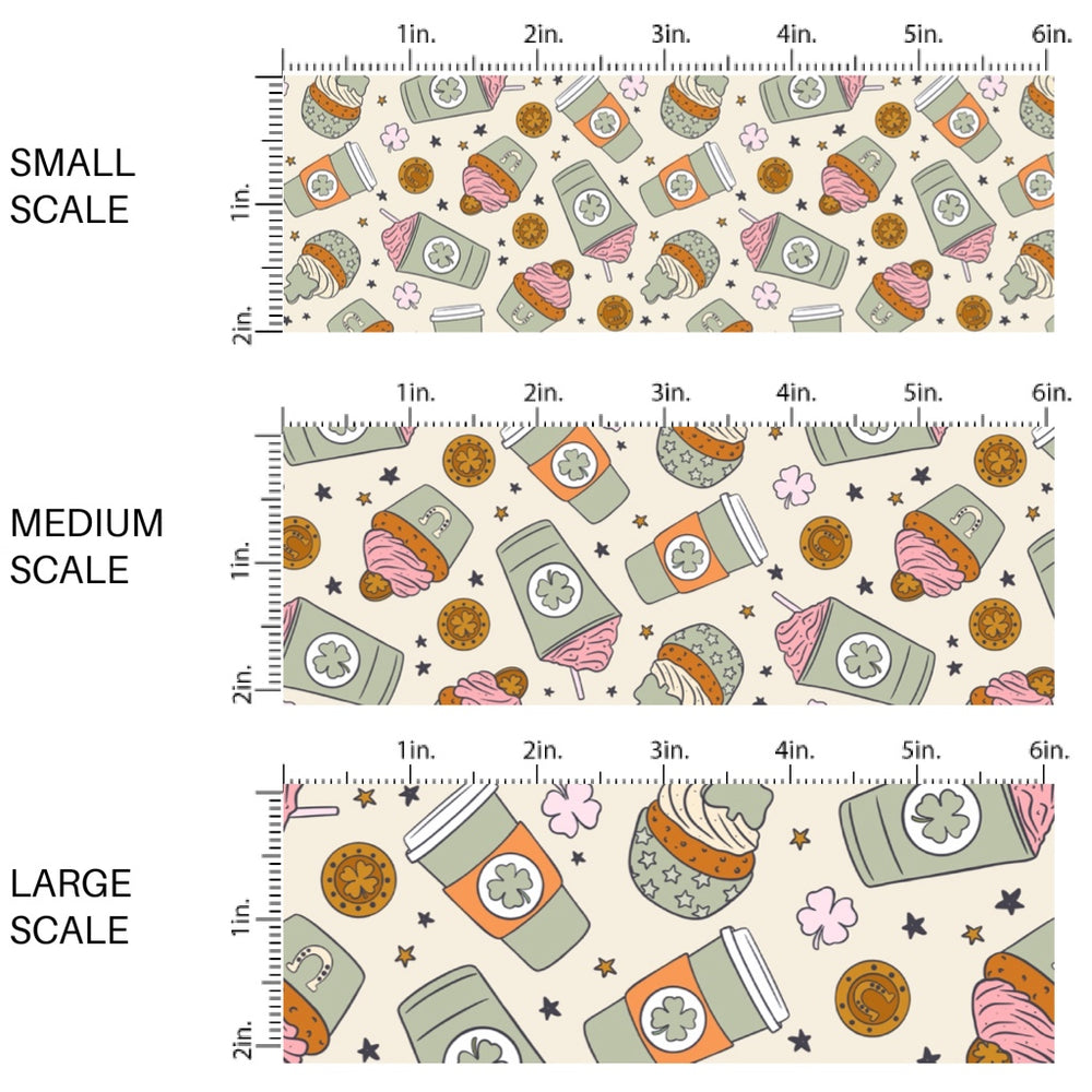 This holiday fabric by the yard features shamrock lattes and desserts. This festive pattern fabric can be used for all your sewing and crafting needs!