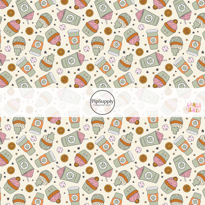 This holiday fabric by the yard features shamrock lattes and desserts. This festive pattern fabric can be used for all your sewing and crafting needs!