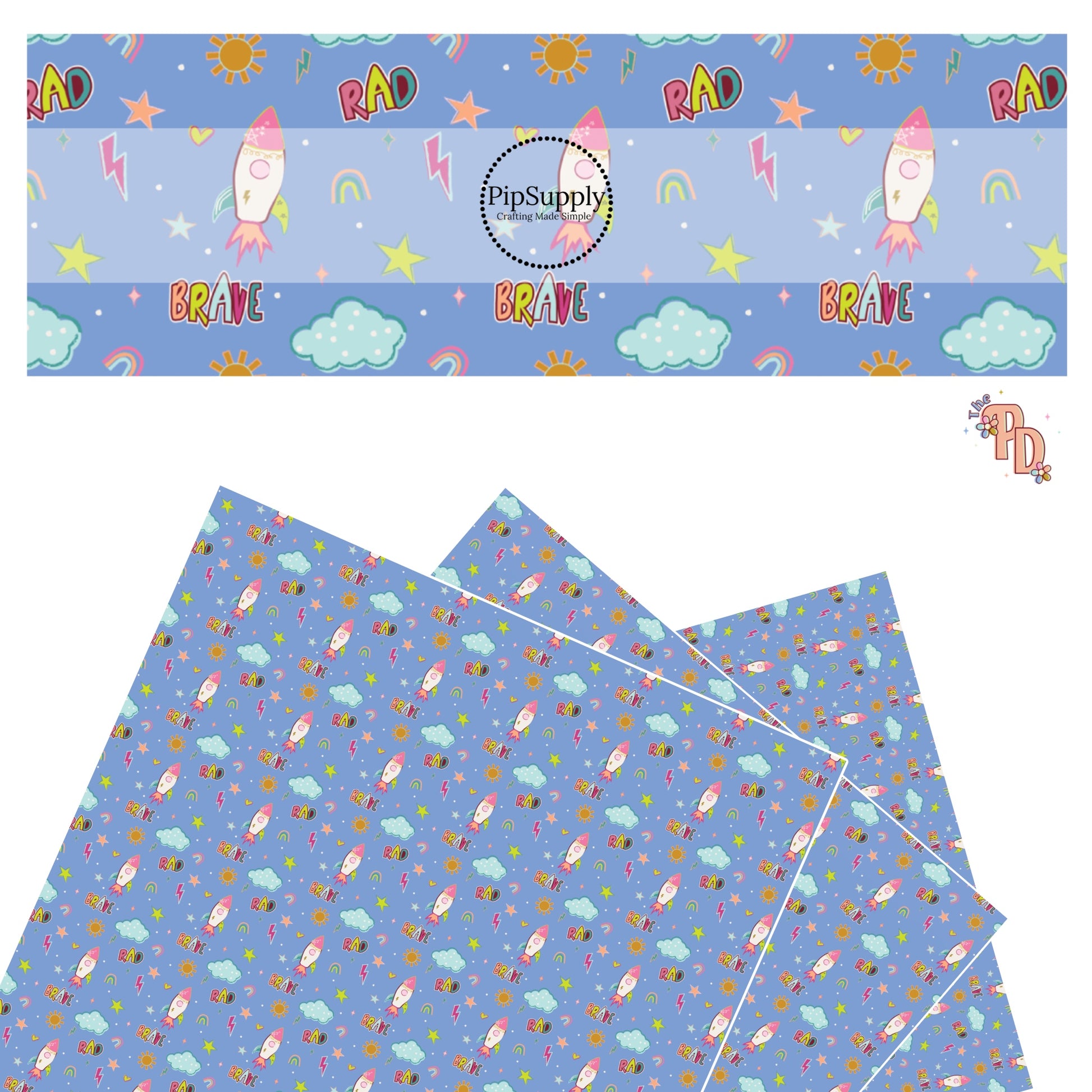 Spaceships, rainbows, clouds, stars, hearts, and sayings on blue faux leather sheets