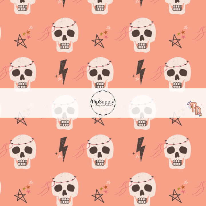 Skulls and lightning on peachy pink hair bow strips