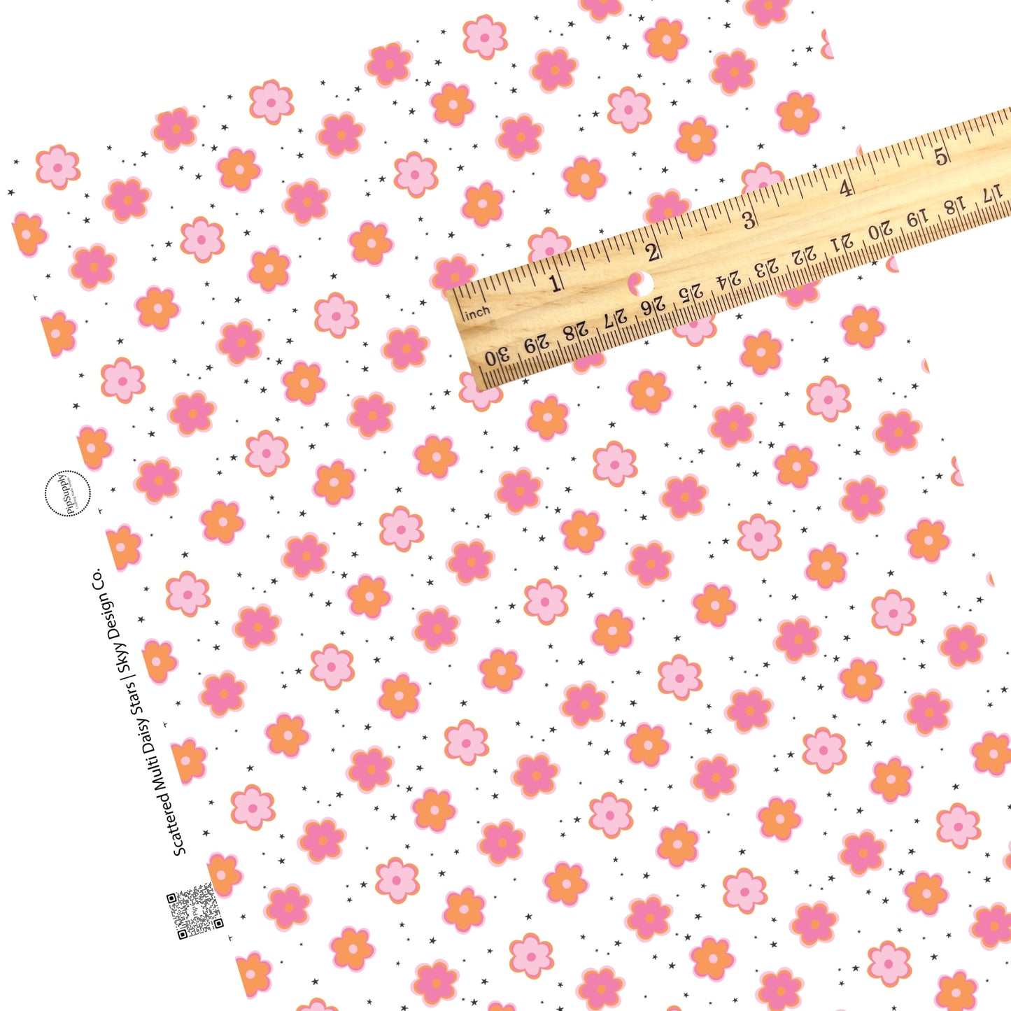 Scattered tiny stars with pink and orange flowers faux leather sheets