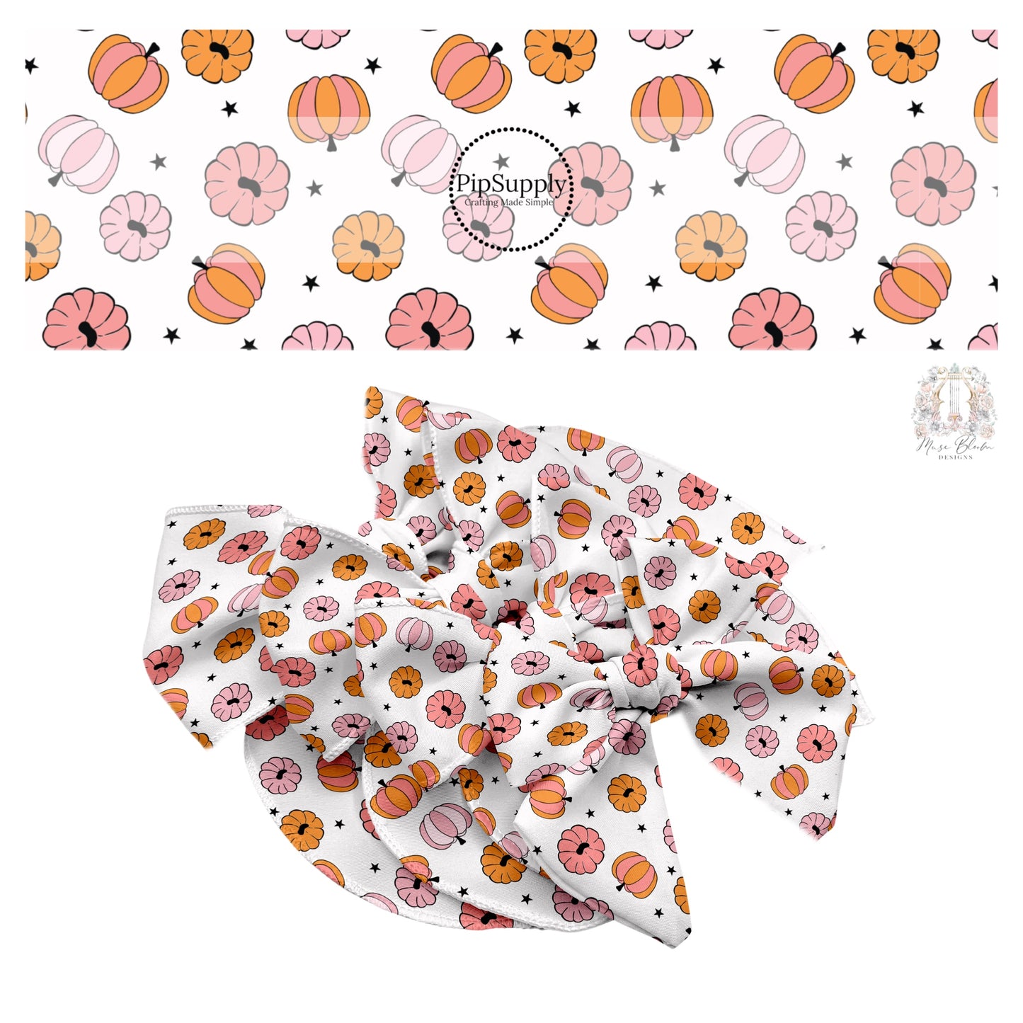 Pink and orange pumpkins with stars on white hair bow strips