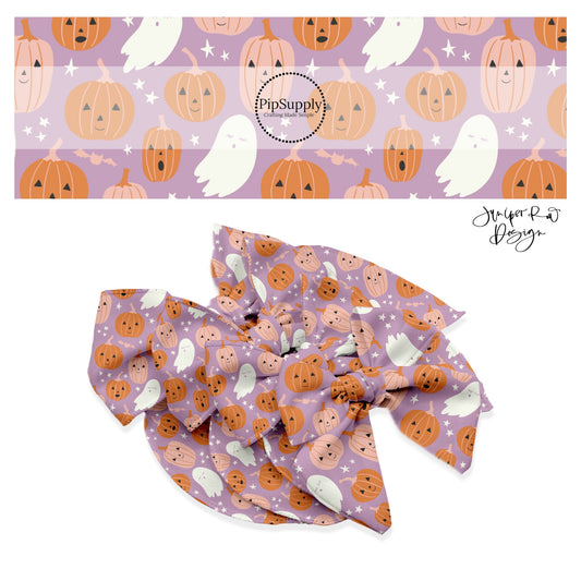 Orange pumpkins with white ghost and stars on purple hair bow strips