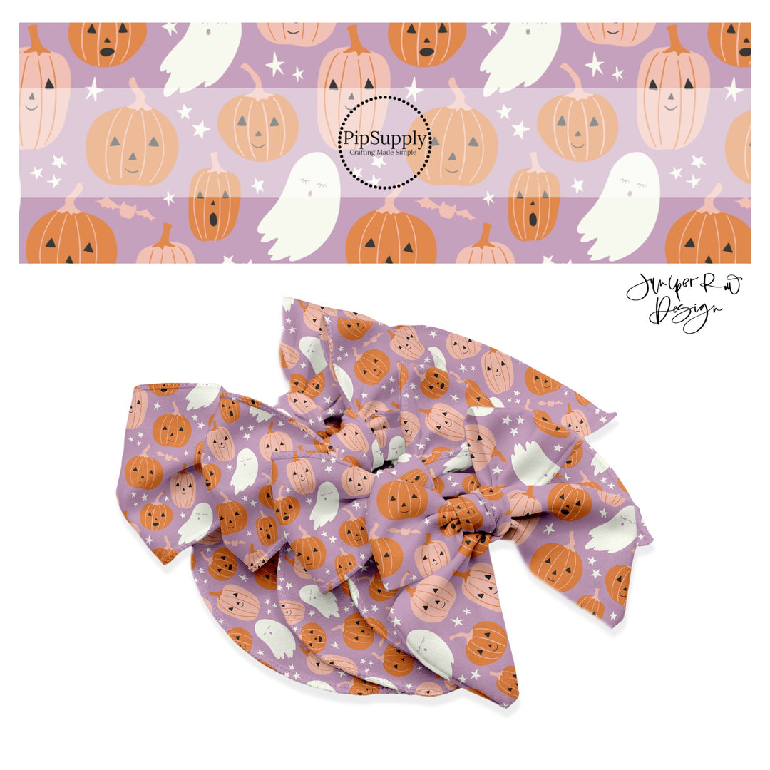 Orange pumpkins with white ghost and stars on purple hair bow strips