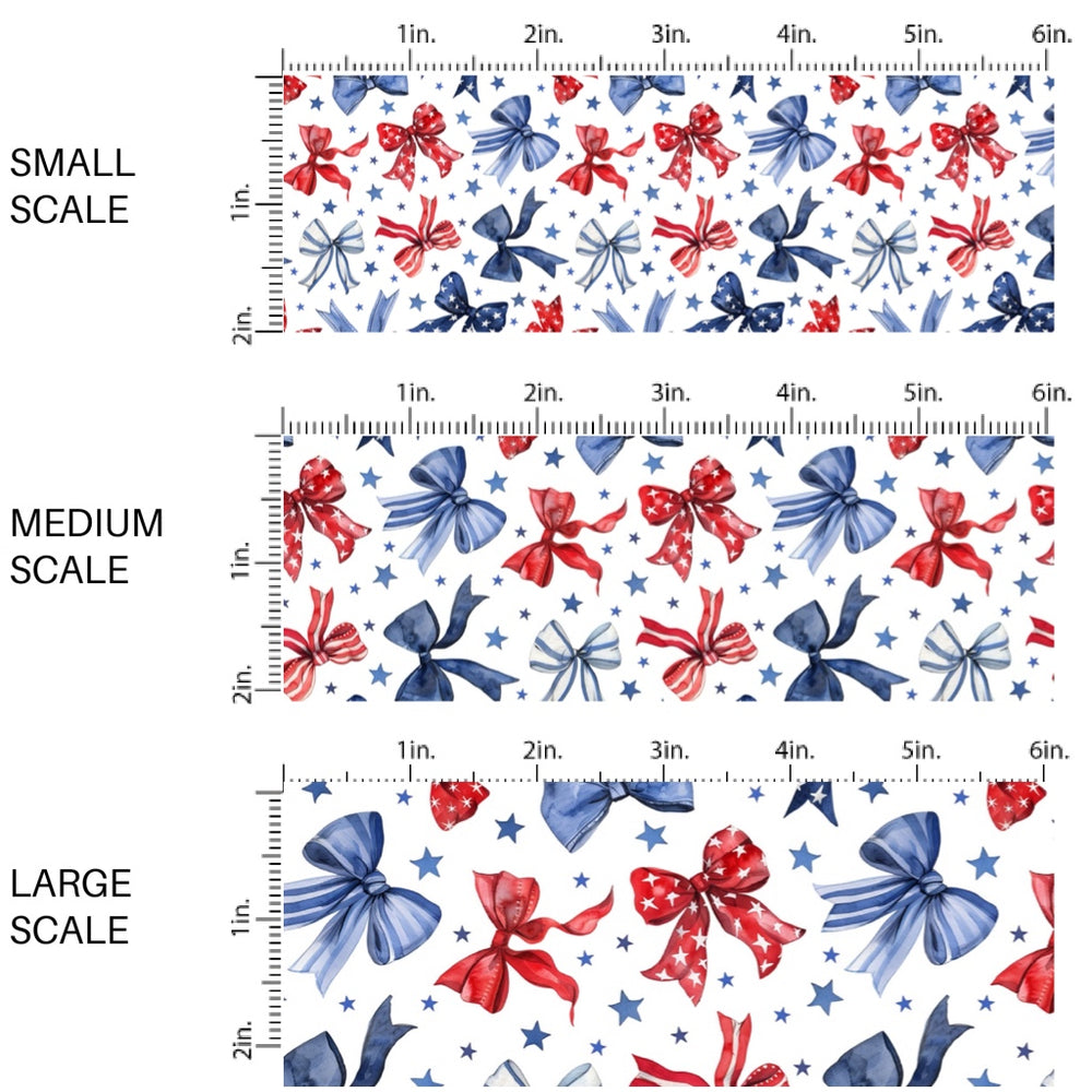 These patriotic fabric by the yard features red and blue bows surrounded by stars. This fun pattern fabric can be used for all your sewing and crafting needs!