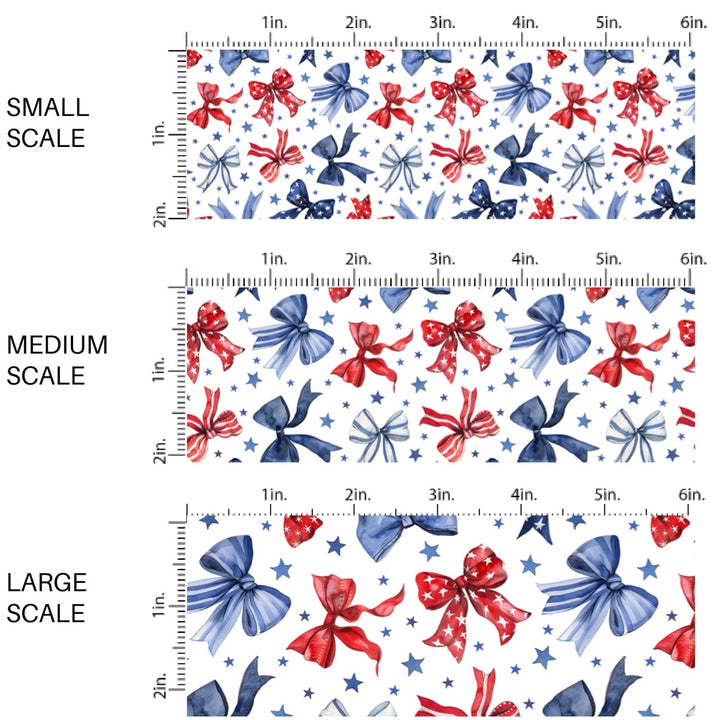 These patriotic fabric by the yard features red and blue bows surrounded by stars. This fun pattern fabric can be used for all your sewing and crafting needs!