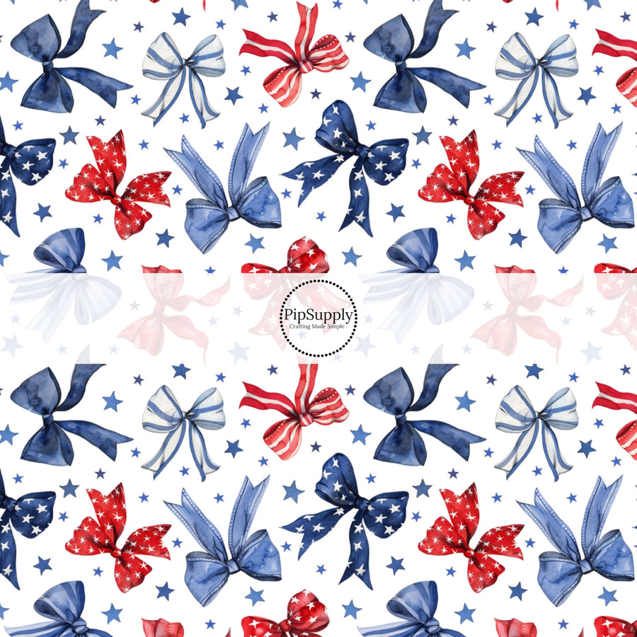 These patriotic fabric by the yard features red and blue bows surrounded by stars. This fun pattern fabric can be used for all your sewing and crafting needs!