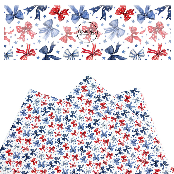 These patriotic faux leather sheets contain the following design elements: red and blue bows surrounded by stars. Our CPSIA compliant faux leather sheets or rolls can be used for all types of crafting projects.