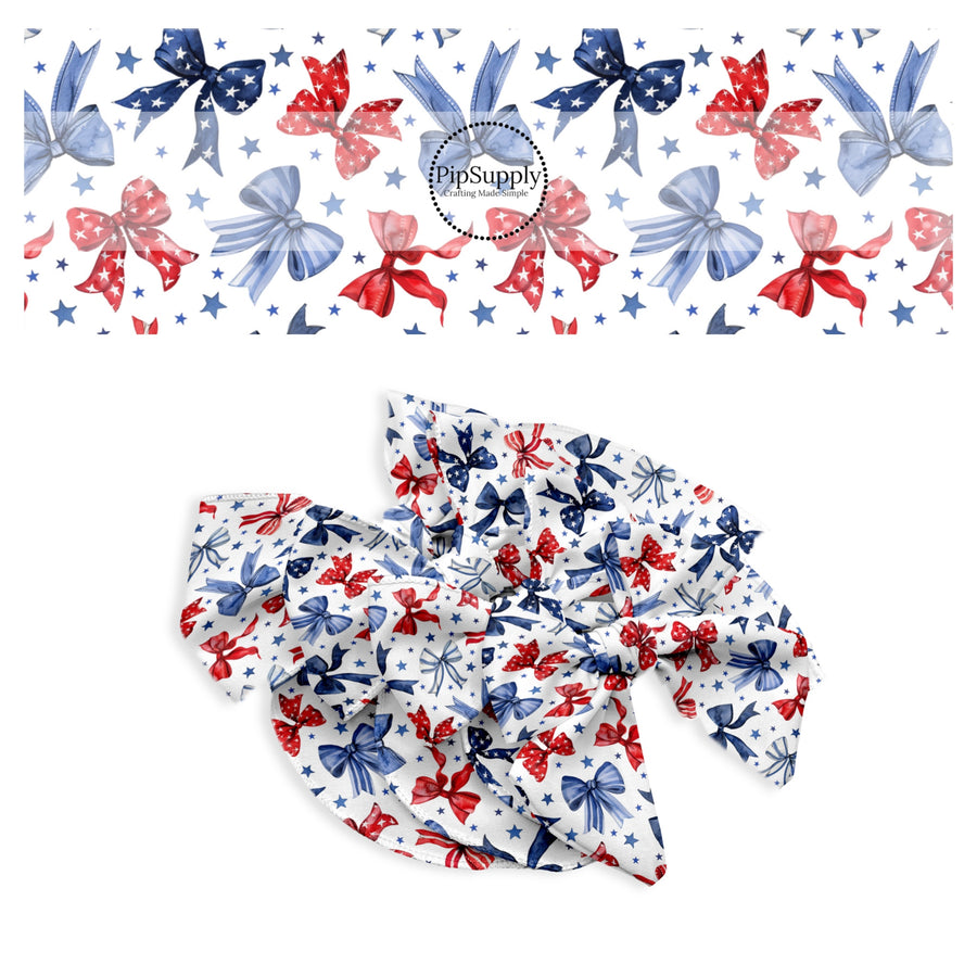 These patriotic bow pattern no sew bow strips can be easily tied and attached to a clip for a finished hair bow. These festive bow strips are great for personal use or to sell. These bow strips feature the following design elements: red and blue bows surrounded by stars.