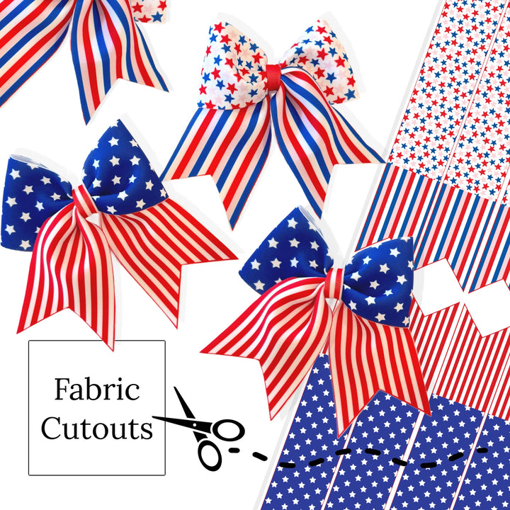 These patriotic red and blue neoprene cheer bows can be quickly cut and assembled for a trendy seasonal bow. They're ideal for easy at-home styling, individual use, or even resale. These bows contain stars and stripes. Get creative and add a splash of color to your look with these low-maintenance bows.