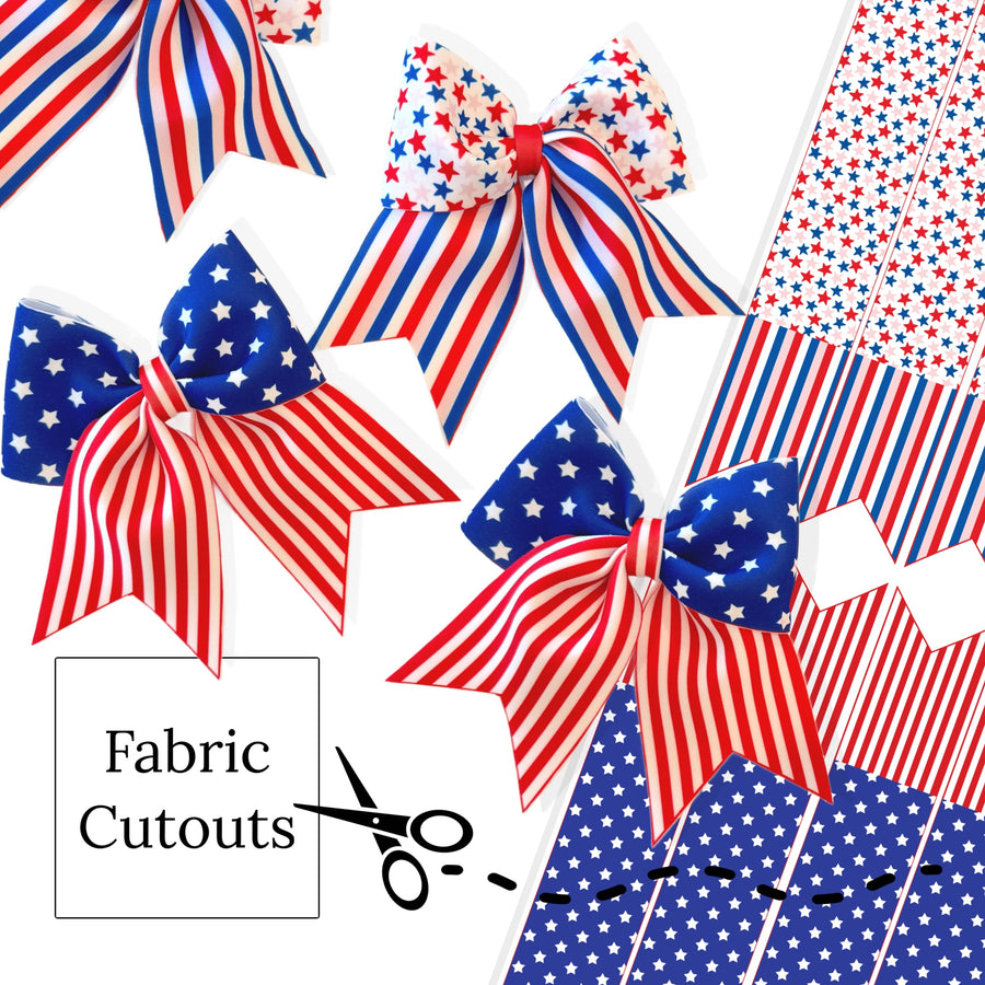 These patriotic red and blue neoprene cheer bows can be quickly cut and assembled for a trendy seasonal bow. They're ideal for easy at-home styling, individual use, or even resale. These bows contain stars and stripes. Get creative and add a splash of color to your look with these low-maintenance bows.