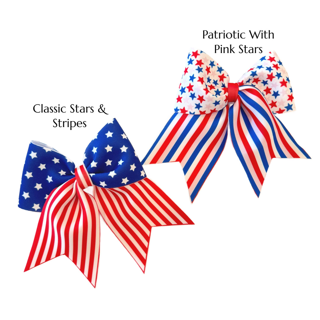 These patriotic red and blue neoprene cheer bows can be quickly cut and assembled for a trendy seasonal bow. They're ideal for easy at-home styling, individual use, or even resale. These bows contain stars and stripes. Get creative and add a splash of color to your look with these low-maintenance bows.