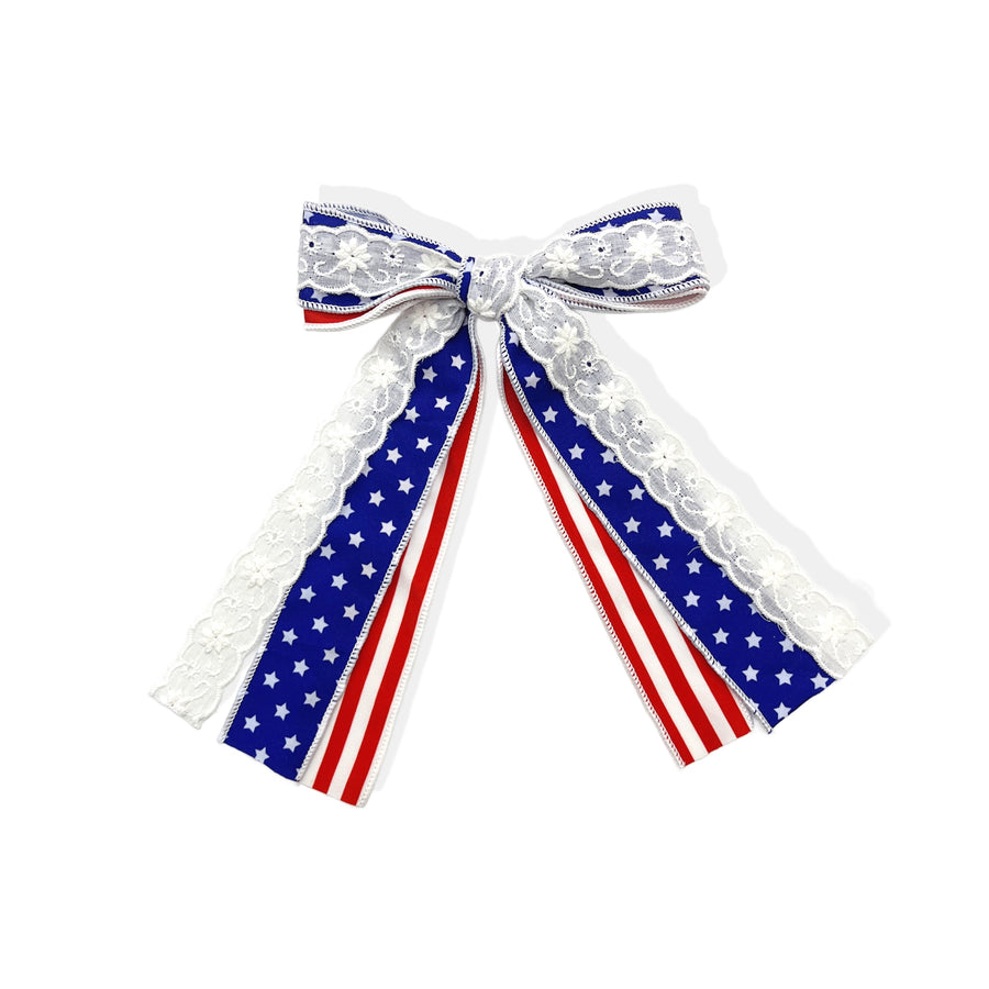 These patriotic lace, stars, and stripes long tail pre-cut tied bows are ready to package and resell to your customers no sewing or measuring necessary! These hair bows come with a clip already attached.