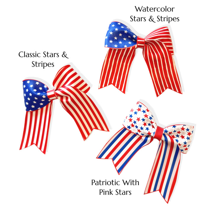 These red, white, and blue patriotic themed layered faux leather bows with stars and stripe pattern are ready to cut and assemble for many craft projects. These patterned cutouts can be used to make a hair bow, headband, banner, photo props, scrapbook, party or classroom decorations, bulletin board trim or anything creative!