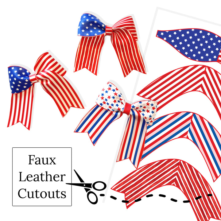 These red, white, and blue patriotic themed layered faux leather bows with stars and stripe pattern are ready to cut and assemble for many craft projects. These patterned cutouts can be used to make a hair bow, headband, banner, photo props, scrapbook, party or classroom decorations, bulletin board trim or anything creative!