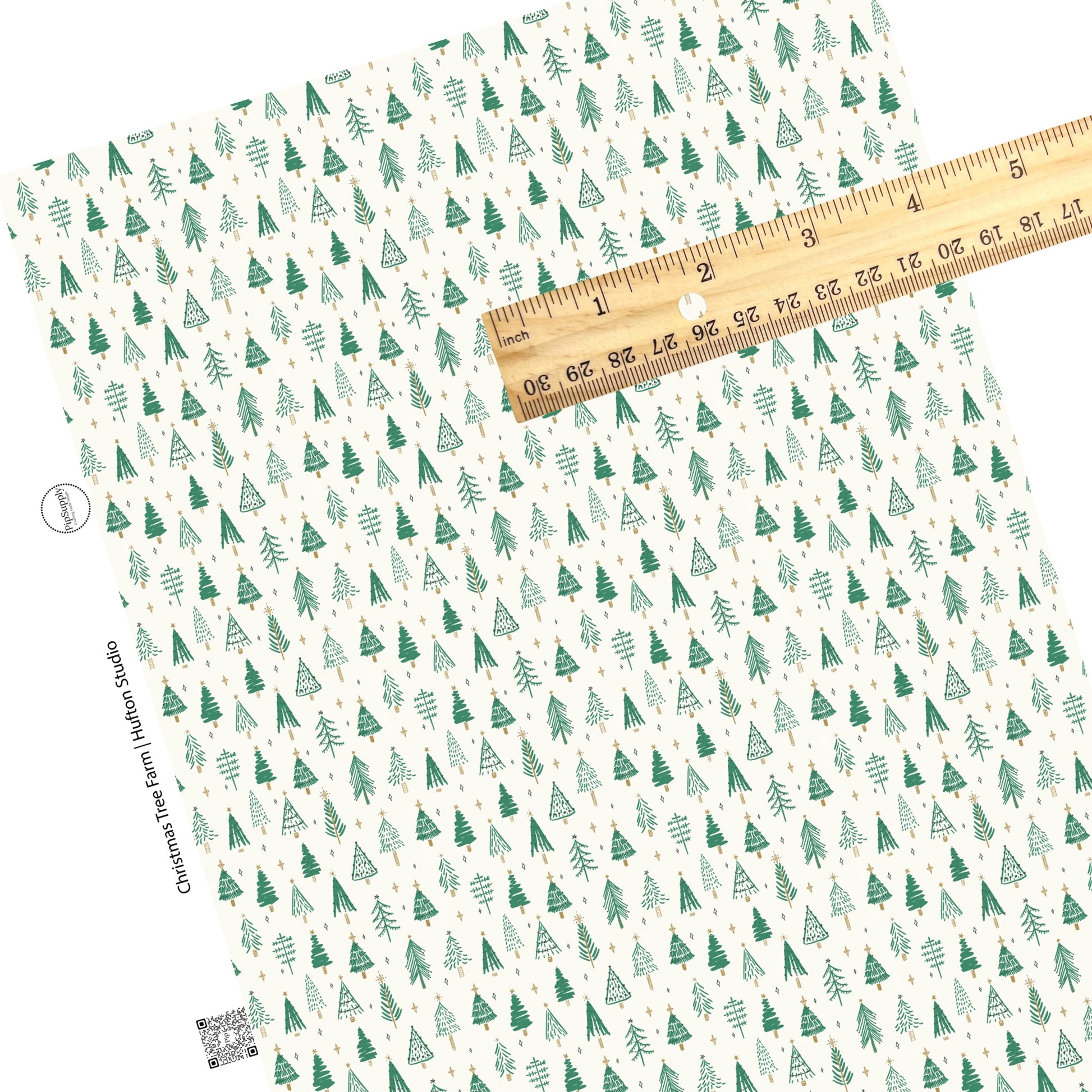 Multi green trees with gold stars on cream faux leather sheets