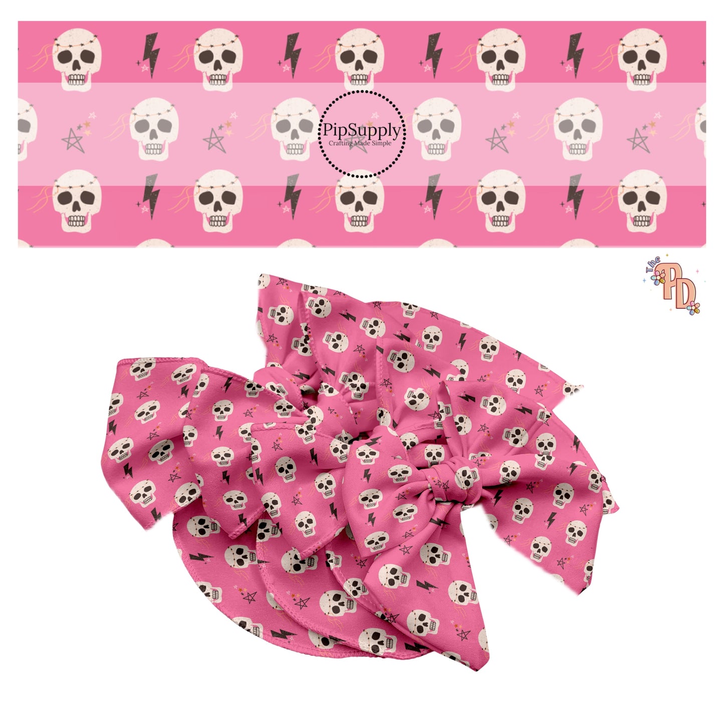 Skulls, lightning bolts, and stars on pink hair bow strips