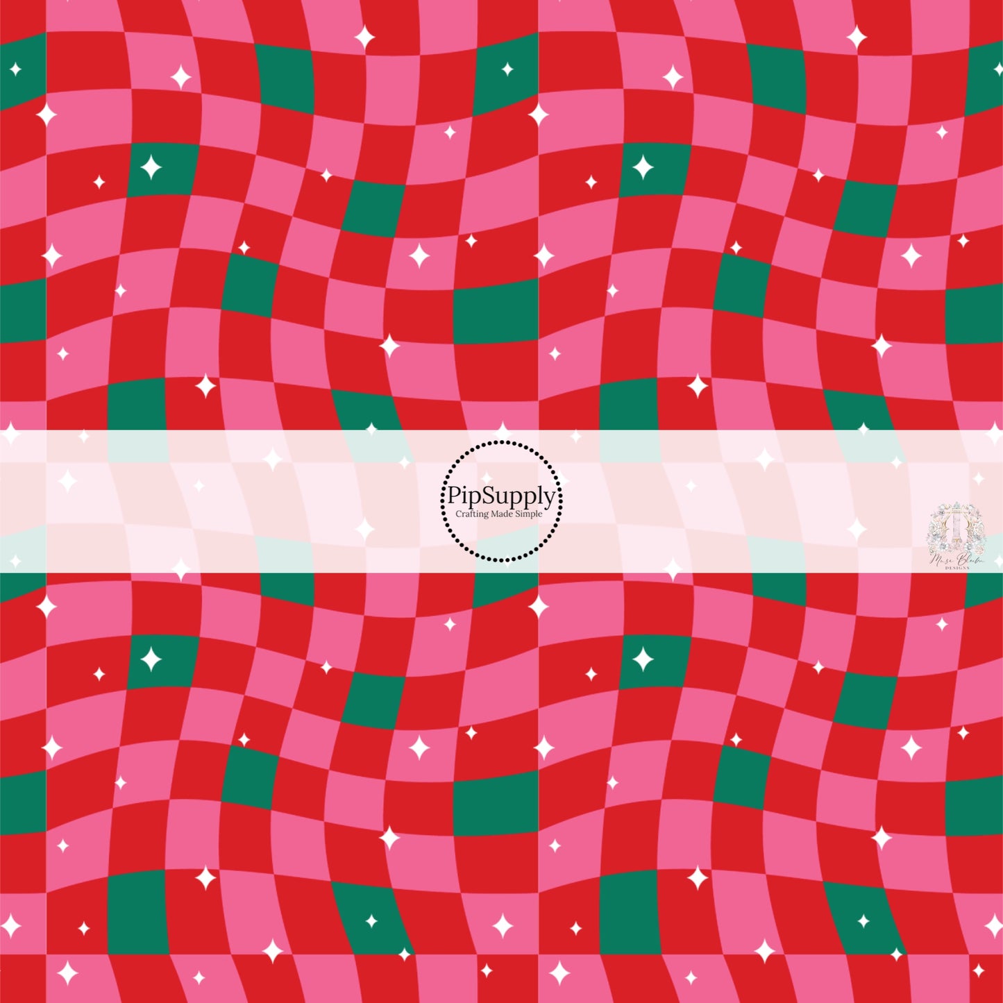 Pink, green, and red wavy checker with stars hair bow strips